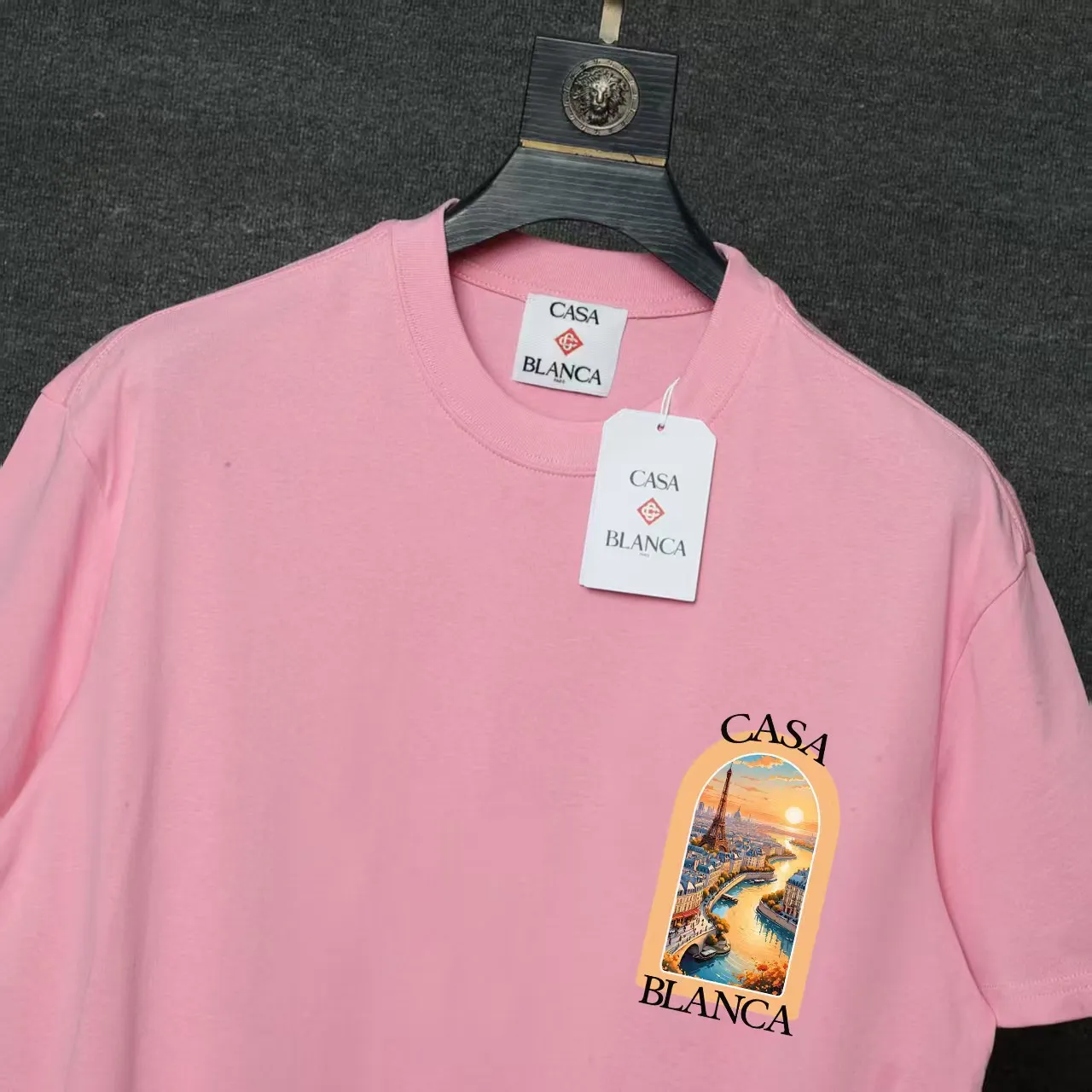 26ss CASABLANCA original printing process short-sleeved T-shirt original development using high-density double yarn pure cotton fabric upper body soft and comfortable color Black White Dark Green color Orange Pink Blue Royal Blue color cigarette powder 8 colors Sizes S M L XL